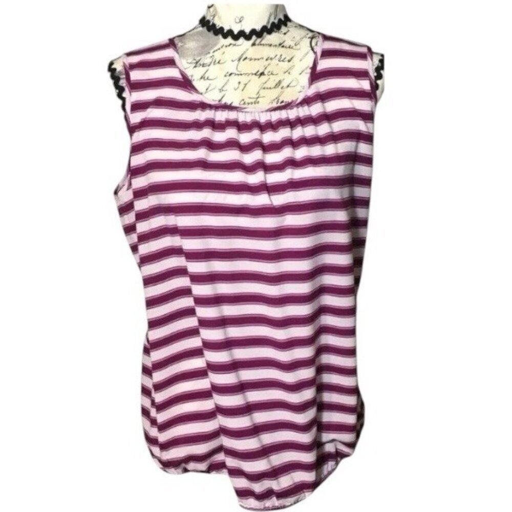 Loft Purple And White Striped Pullover Sleeveless Pleated Scoop Neck Top Small